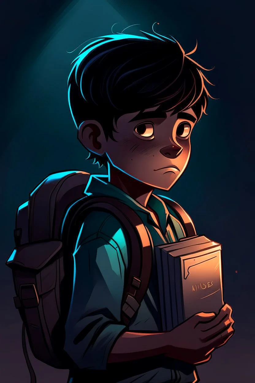 gimme a book cover photo which a boy 11 year old with dark hair in the dark with a backpack
