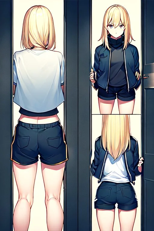 blonde girl with short jacket and shorts runs in a corridor, back view, line arts, manga style