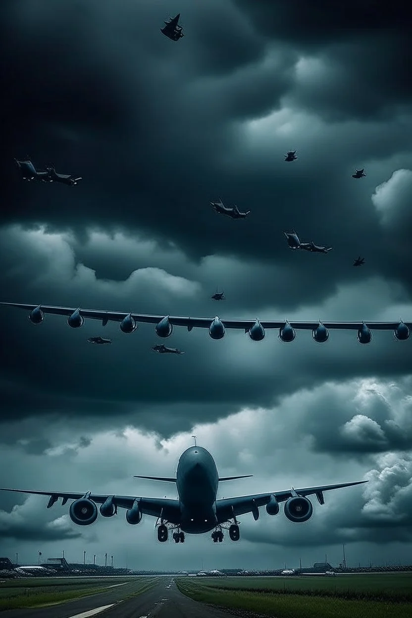 Look up in the The cloudy stormy sky above filled with a lot of black Boeing B-52 Stratofortress