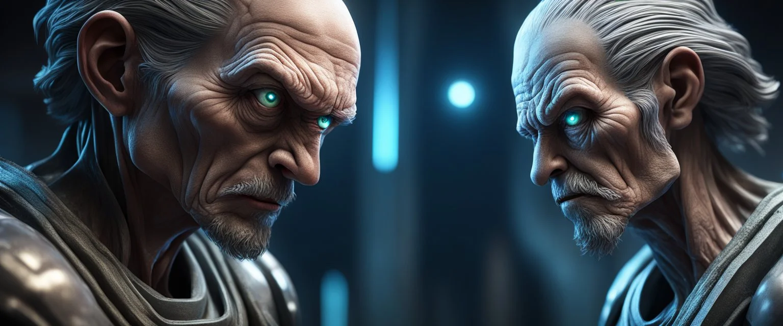 Close-up confrontation between an ancient alien outcast leader and a space broker, standing only a meter apart, intense eye contact, glowing crystalline rod between them, anger mixed with sadness, dramatic facial expressions, shallow depth of field, cinematic lighting, stylized 3D anime, airbrush painting, crisp outlines, escher , rembrandt and titian