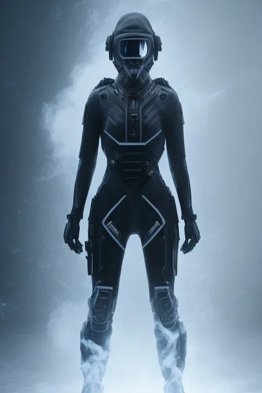 All Black suit Ana de Armas soldier, portrait, ghost mask, wearing high tech mask, white smoke, dark, rage, sorrow, high definition, ultra 8 k, volumetric lighting, blue fire, fog