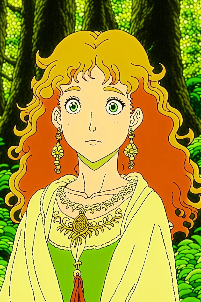 woman, elf, pointy ears, curly ginger hair, black eyes, white skin, fantasy clothing, DVD screengrab from studio ghibli movie, designed by Hayao Miyazaki, retro anime