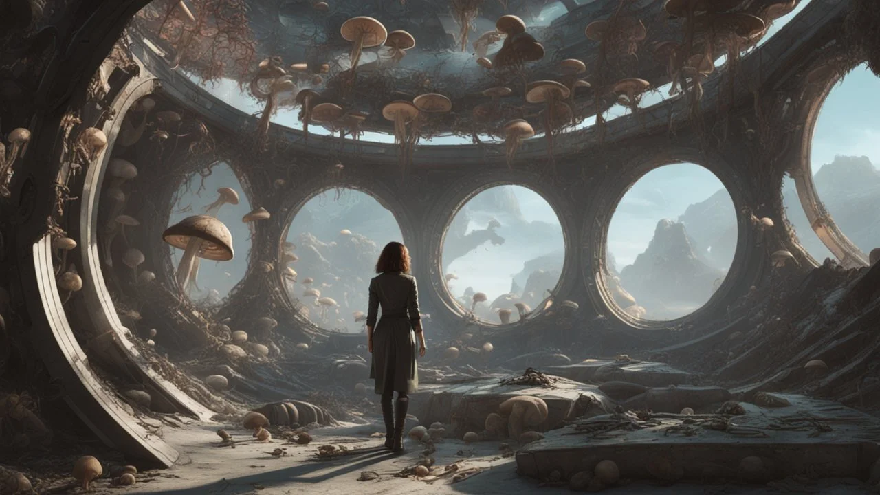 woman standing inside the interior of a ruined alien spaceship, with a circular window, overrun with mushrooms with jellyfish tentacles