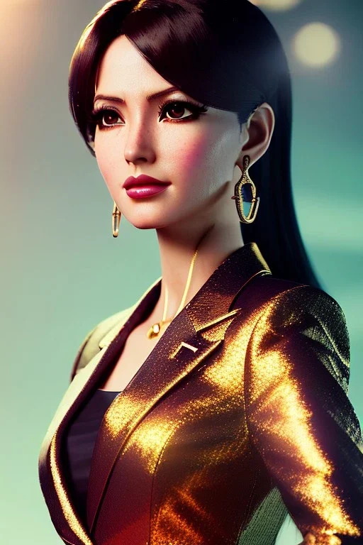 Anime business woman, dark brown hair, elegant hair, blue eyes, gold hoop earrings, waist up portrait, 8k resolution, intricate details, ornate details, soft lighting, vibrant colors, retroanime, masterpiece, intricate eyeliner, dark eyeshadow, eyes,futuristic cityscape background