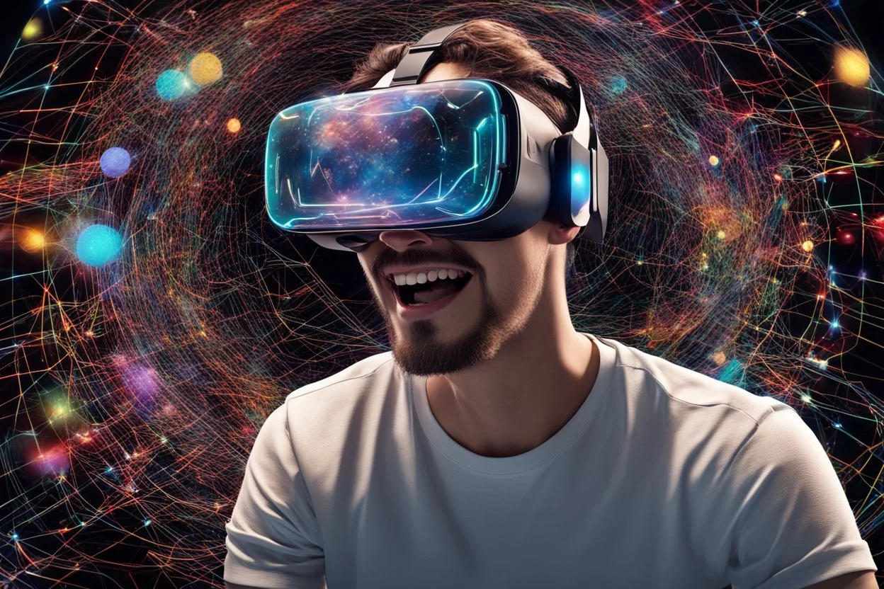 الصورة تعرض شابًا يرتدي نظارات الواقع الافتراضي وهو يستمتع بتجربة واقع افتراضي مذهلة. يظهر وجهه المبتسم وتعابير الدهشة في عينيه واضحة، حيث يبدو وكأنه مغمور في عالم ثلاثي الأبعاد مليء بالألوان والتفاصيل. تتدفق الأسلاك من النظارات على جانبي وجهه، مما يُظهر التفاصيل التكنولوجية المذهلة للجهاز. خلفه، يمكن رؤية أشكال هندسية ثلاثية الأبعاد وصور مجردة تطفو في الهواء، مما يعكس تجربة فريدة وغامرة للواقع الافتراضي. يتواجد شعار "مستقبل الواقع الافتراضي" بالزاوية السفلى اليمنى للصورة، يضفي لمسة إضافية من ال