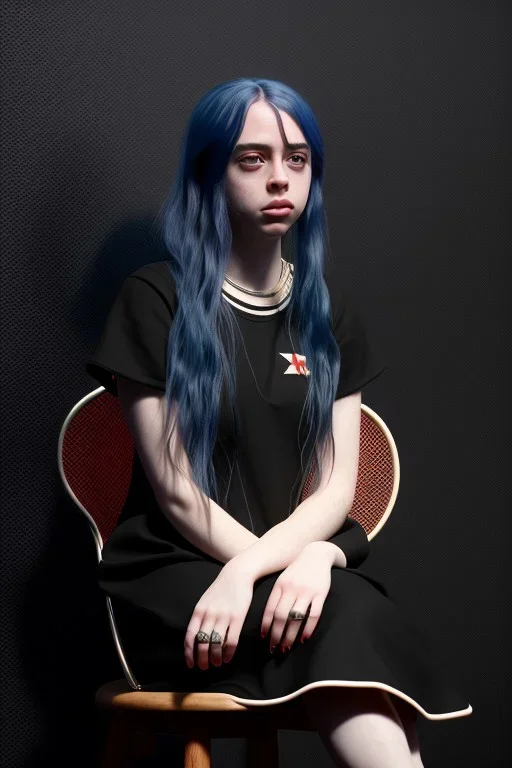 Billie Eilish, sitting on a chair, Black Short Dress, pale skin, high detail, realistic, 8k