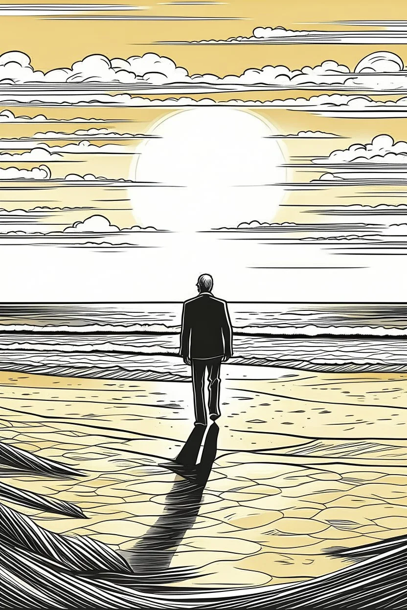 A solitary figure stands on an untouched, sandy beach, gazing at the setting sun painting the sky with warm hues in black and white. Footprints in the sand lead towards the horizon, symbolizing the freedom to explore and reflect in peaceful solitude.coloring book page, simple and clean line art, adult drawing book, black and white, crisp black lines, no shades, sharp lines, coloring book for adults, cartoon style, landscape