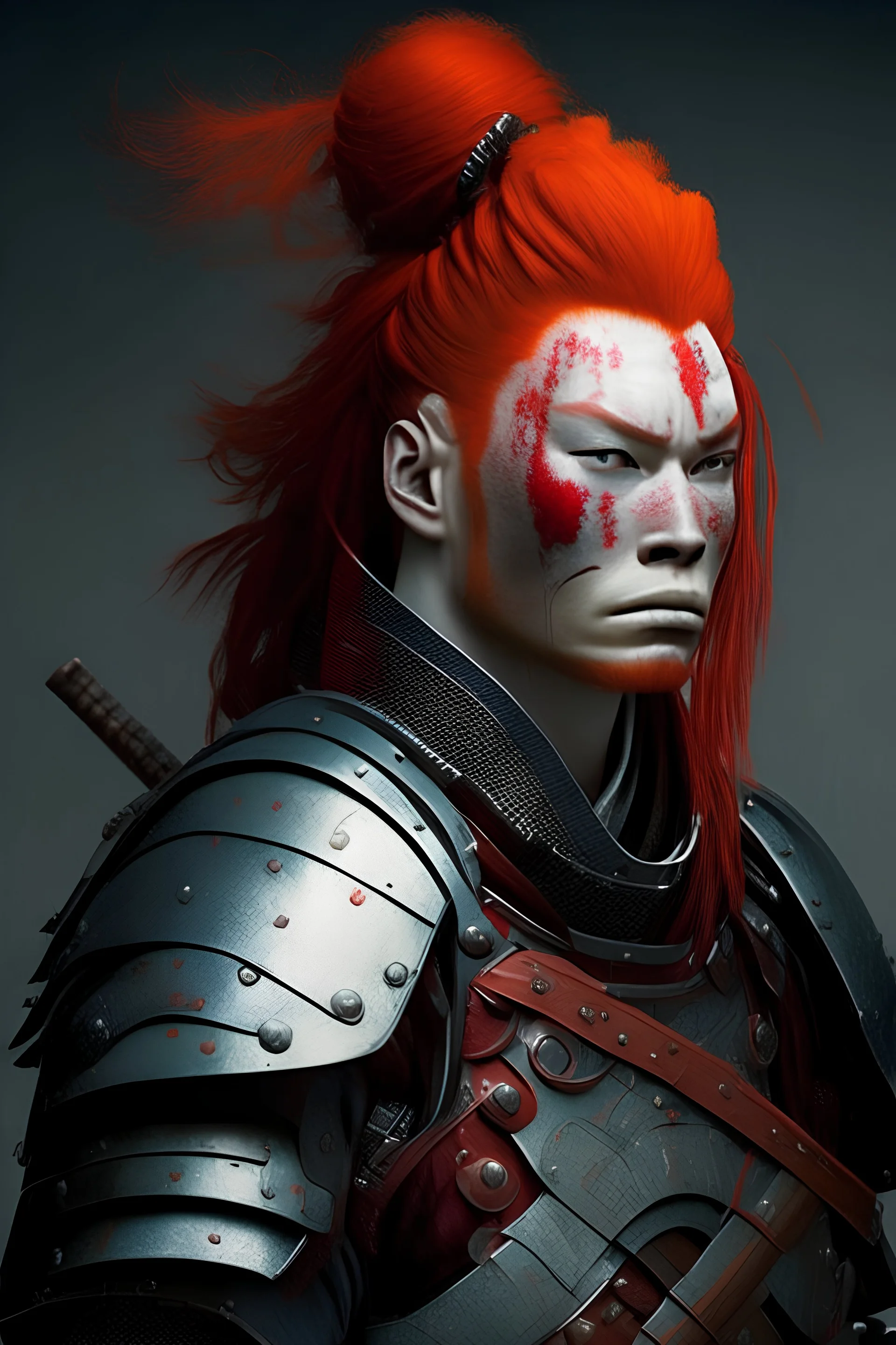 A samurai in armor without a helmet, with red hair.