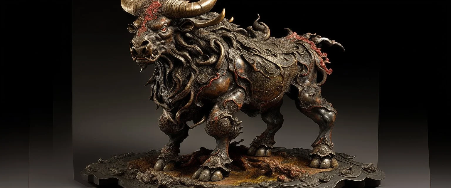 A bronze fire elemental bull designed in Japanese Oni masks painted by Qiu Ying
