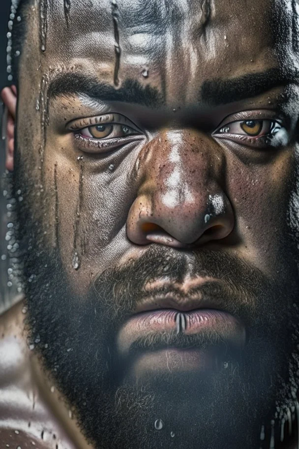 close up 33 years old nigerian carpenter man hands behind the head , in an abandoned warehouse, serious, bearded burly chubby , serious eyes, under the shower, wet, dripping water, manly torso, photorealistic, 50mm photo, ambient occlusion , side view from the ground