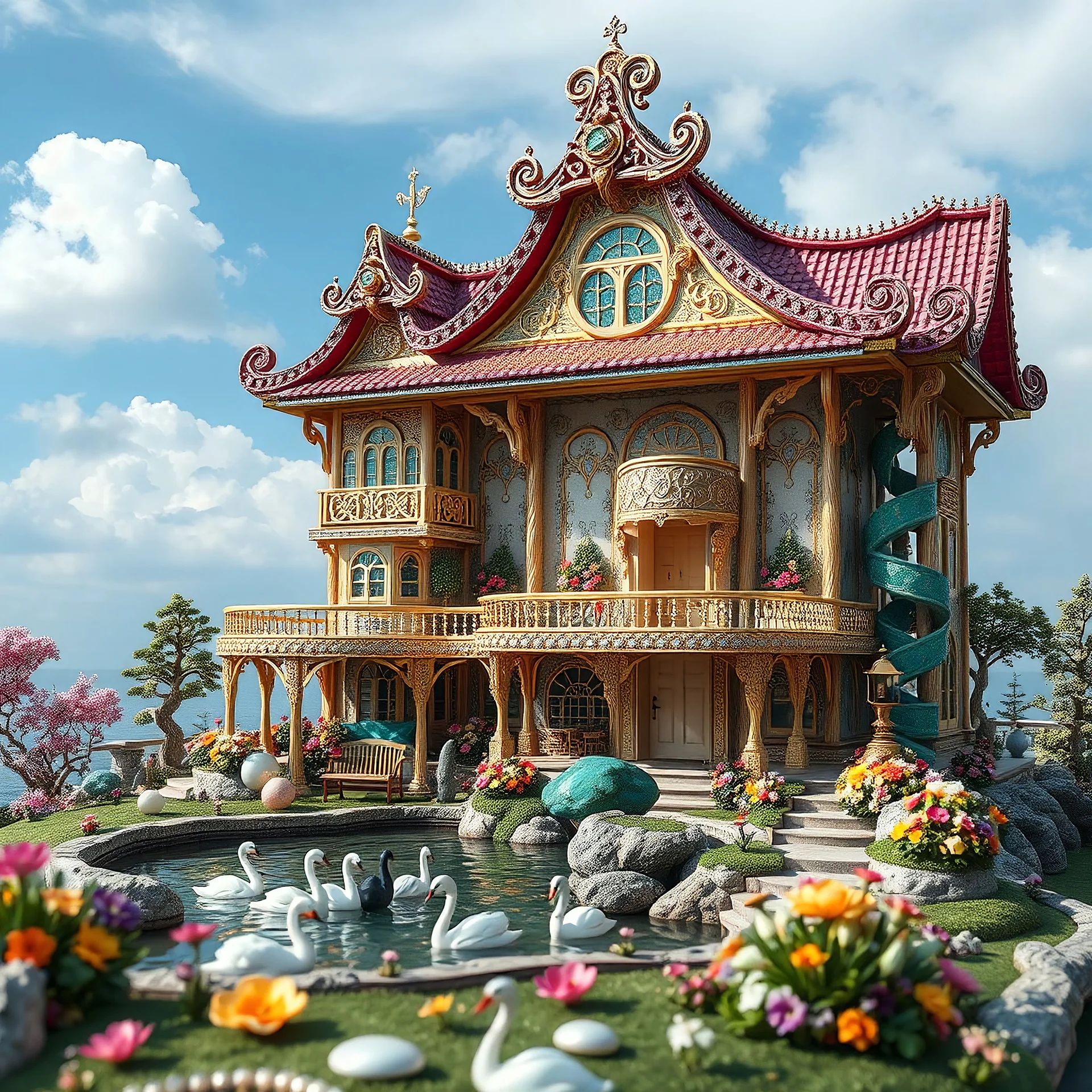 a gorgeous multi-storey house made of precious stones. large playground, expensive, pearls, mother of pearl, gold, jewelry, flowers, pond with swans, bench, lantern, three-storey, blue sky. spiral, fan, micro details, complex patterns, colorful