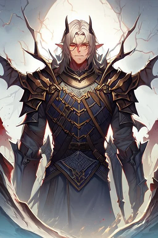 Armored Male Blood Knight Elf by manhwa or korean webtoon style there are lightning and blood spurts around the man, his face pointed at the camera, and with a serious look he lets his opponent know that it's his turn