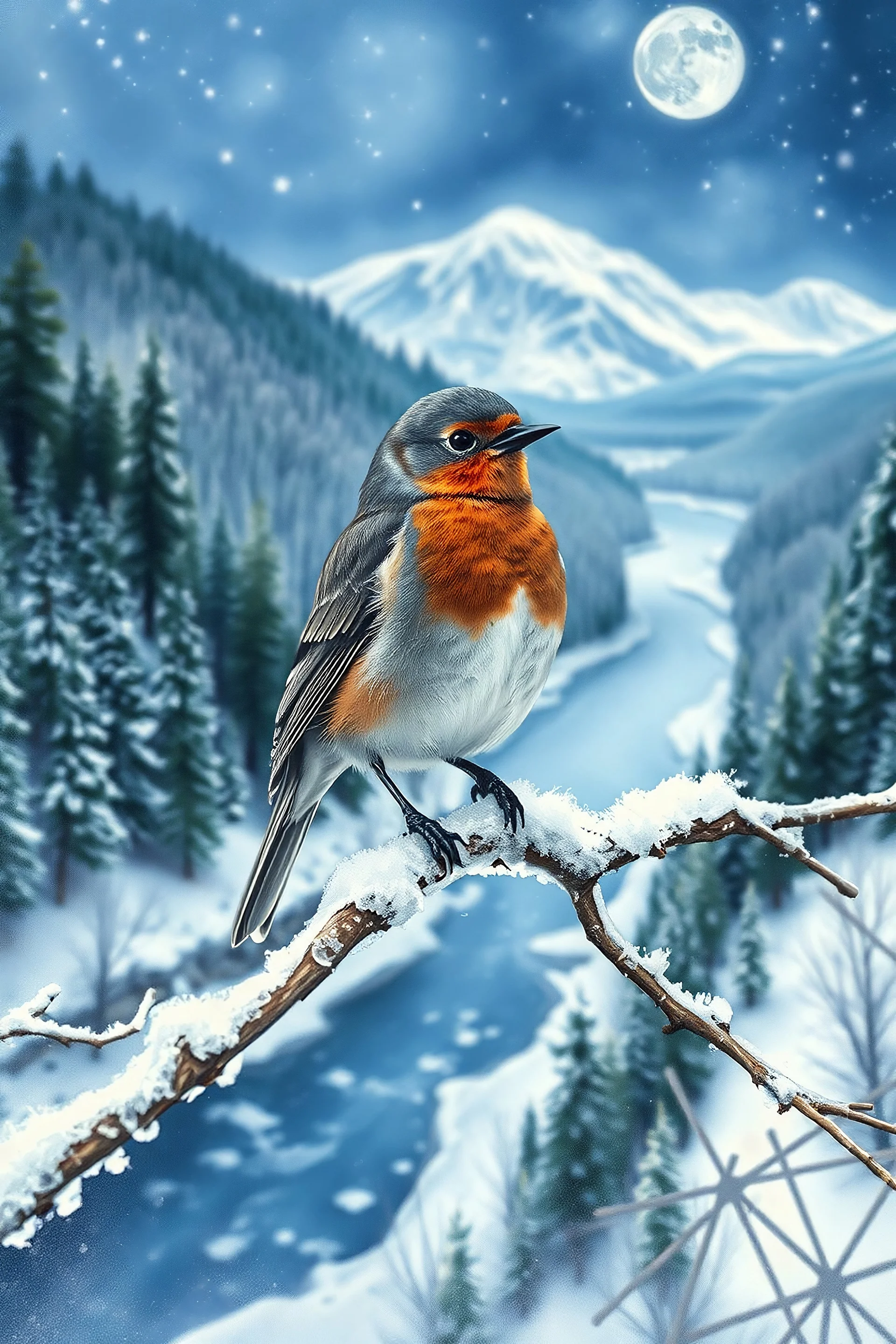 Wild bird perched on a frosted branch, vibrant plumage standing out against a snowy backdrop, Starry Night-inspired watercolor scenery featuring a meandering river and dense forest, Jody Bergsma style, sharp focus, intricate details, studio photo, trending on ArtStation, highly detailed, digital painting., Watercolor, trending on artstation, sharp focus, studio photo, intricate details, highly detailed, by greg rutkowski