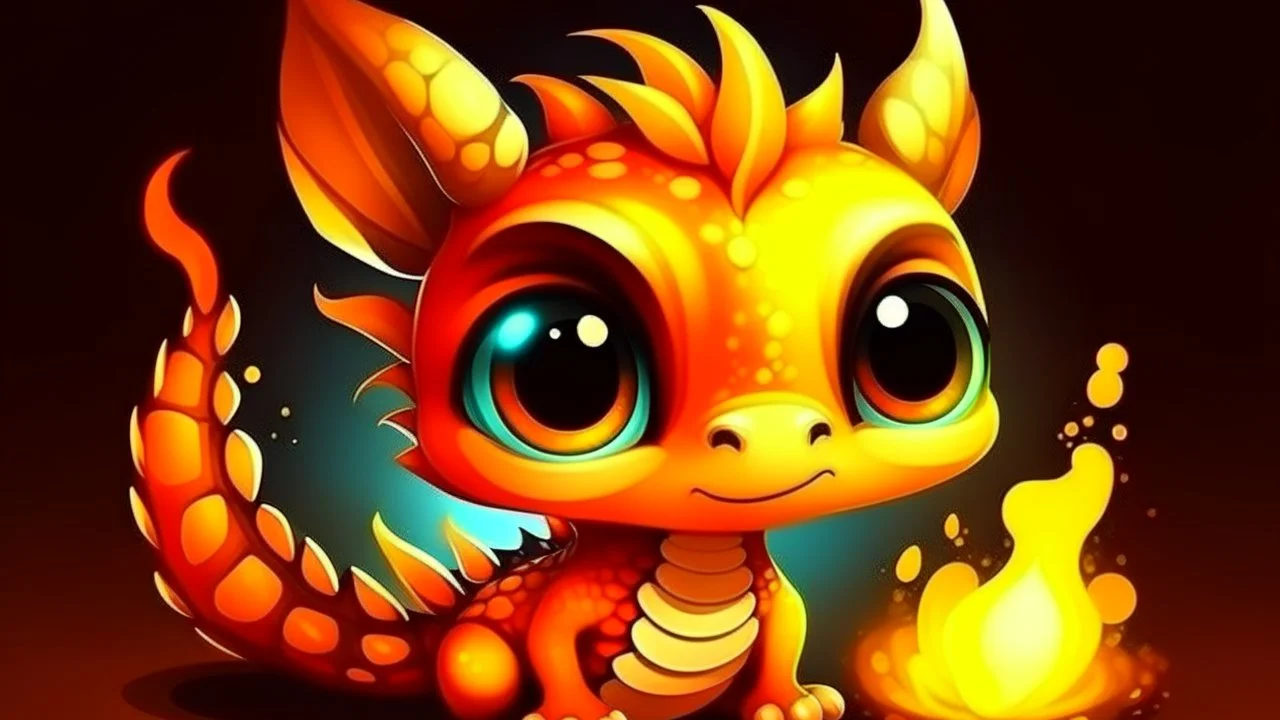 cartoon illustration: a cute little fire dragon with big shiny eyes. The dragon has big wings.