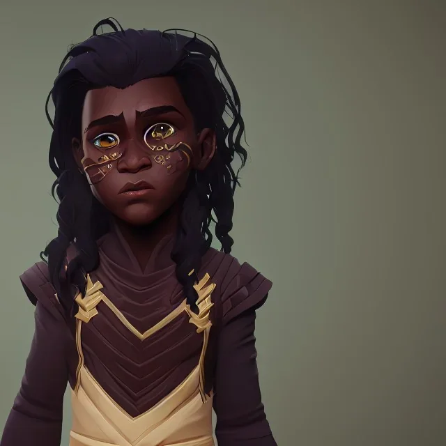 Portrait of a funny chocolate skinned toddler warlock with black curly hair