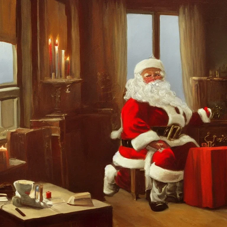 a painting of santa claus sitting next to a window during winter time with a candle lighten up on his desk