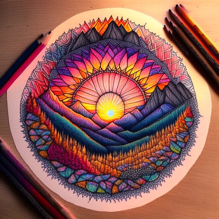 Mandala drawing with colored pencils of a sunset in the mountains.