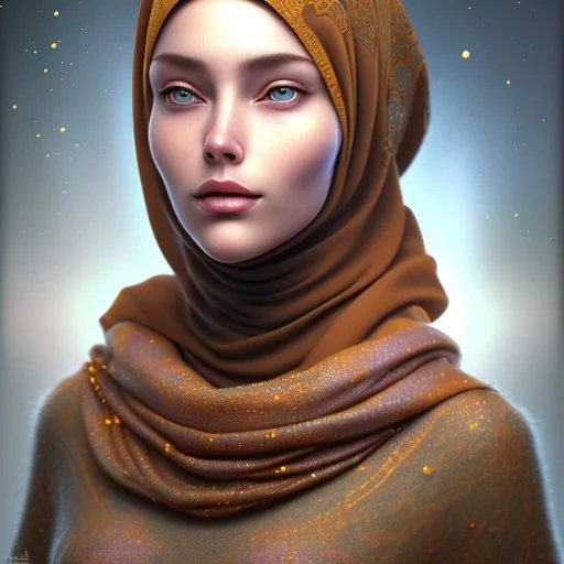 close up portrait of woman in hijab, fine detail, highly intricate, modern surrealism painting, defined cracks and breaks, high-quality, volumetric lighting, 8k, ultrahd, George Grie, Marco Escobedo, Igor Morski,Brian Froud, Howard Lyon, Selina French,