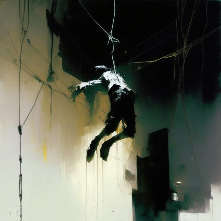 Minimal abstract oil paintings falling person limbs sinew. concrete fragments architecture and hanging wires illuminated at night style of Justin Mortimer and Phil Hale and Ashley Wood