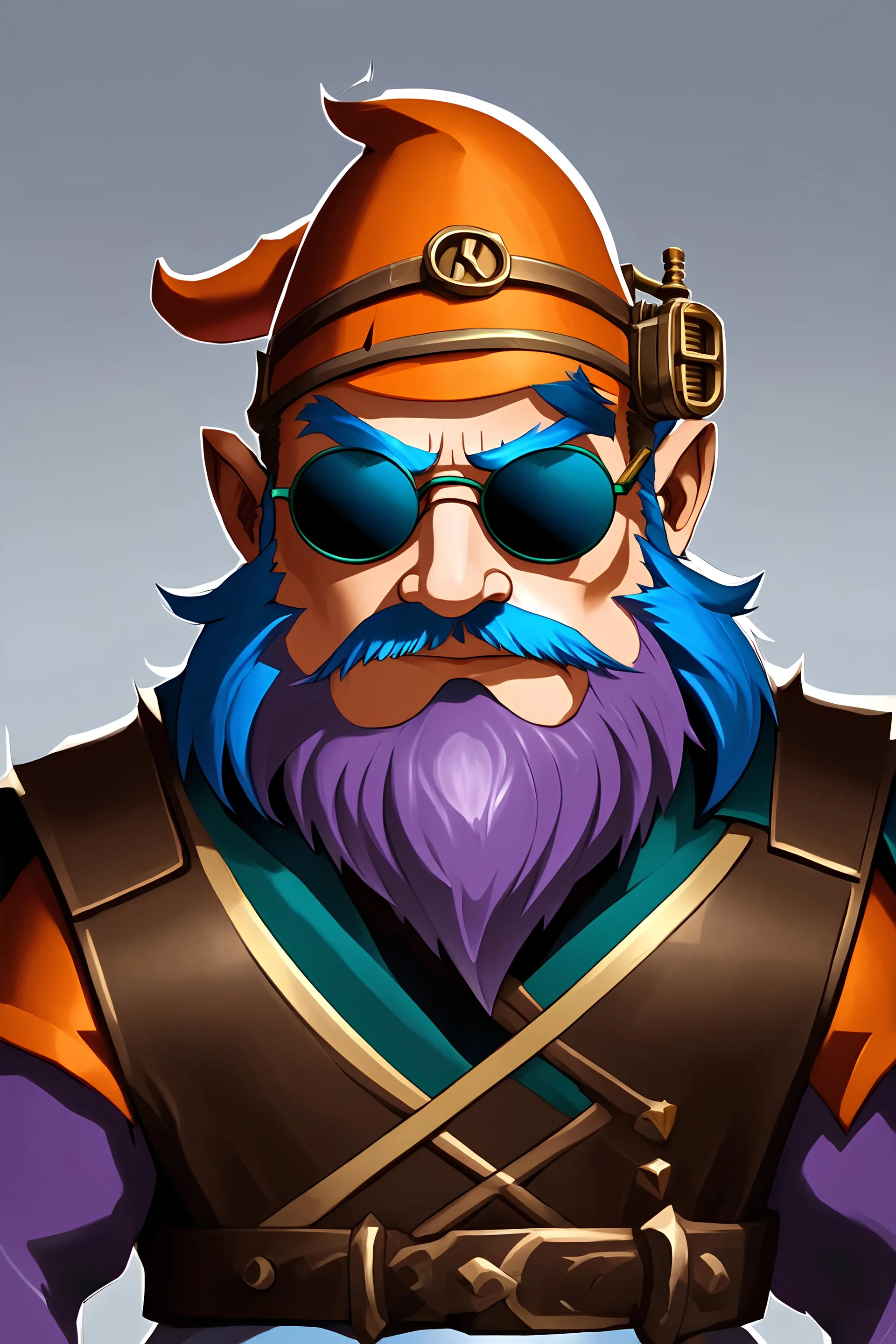 Generate a dungeons and dragons character portrait of the face of a male bard handsome deep gnome with blue eyebrows. He has orange and blue hair, eyebrows. He has steampunk style dark sunglasses. He's 19 years old. His skin is deep purple.