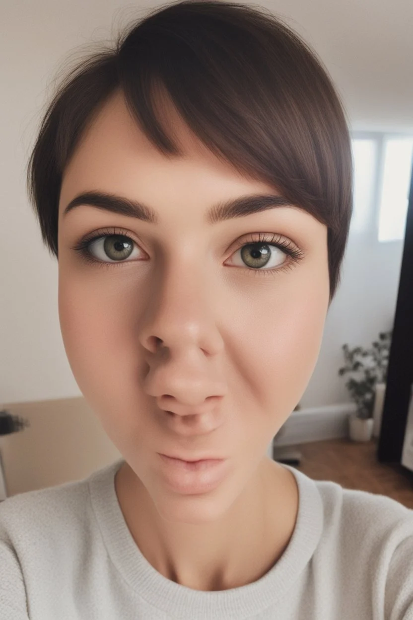 A selfie of a brunette woman with a round face, short hair and small eyes taken at home.