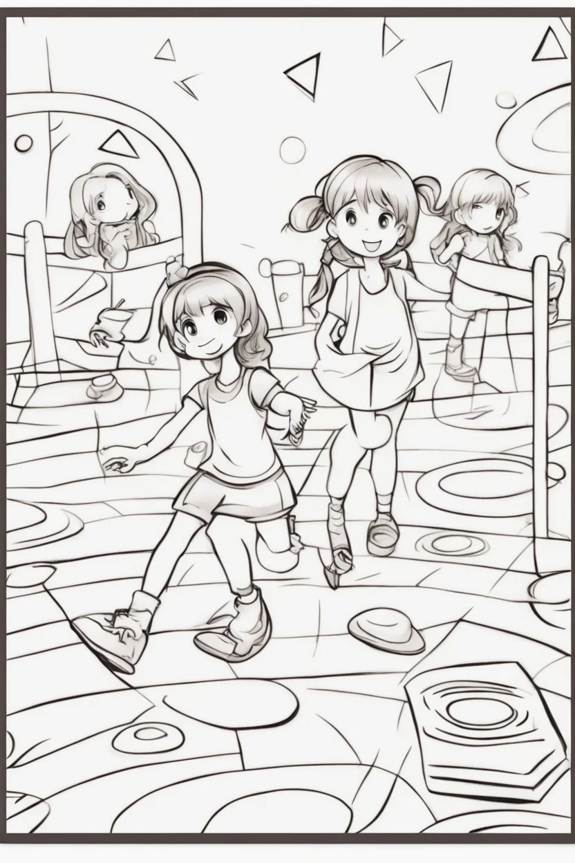 Little girls playing in a playground with a mix of different shapes like circles, squares, and triangles.,very happy , Colloring page for todlliers ; basic hawali style cartoon , black and white , ink outlines , , smooth , anime style , minimalist , cute eyes , full body , white shose , sketchbook , realistic sketch , free lines , on paper , character sheet , clean line art high detailed