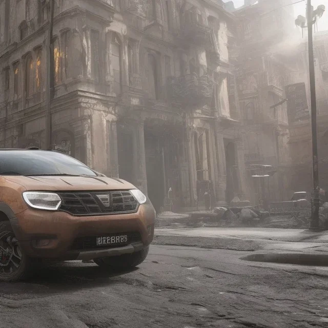 an dacia car ultra realistic durty dust no clean ,wide body , ,on street,8k resolution, high-quality, fine-detail, parked in crowded city winter wide body night future city