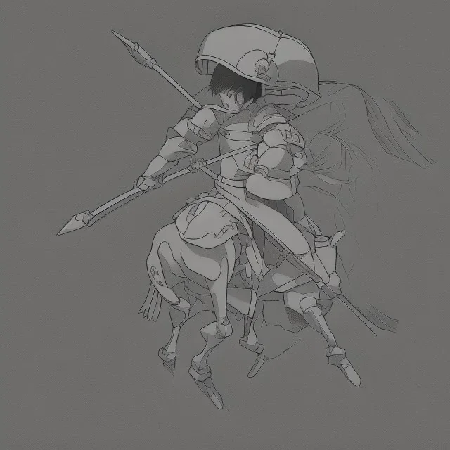 pencil single line sketch from side, little knight on the horse in armor with forward pointed lancet charging