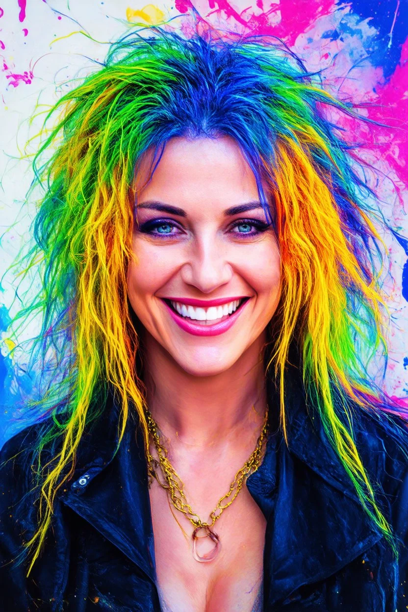 head and shoulders portrait, Miss Motley Crue - Smiling, a multicolored watercolor stained wall in the background, 4k, 8k, 32k UHD, Hyper realistic, extremely colorful, vibrant, photorealistic, realistic, sharp, highly detailed, professional quality, awesome, majestic, superb, trending on artstation, Cinematic, Real, Life like, Highly detailed, sharp, focused, fantastic