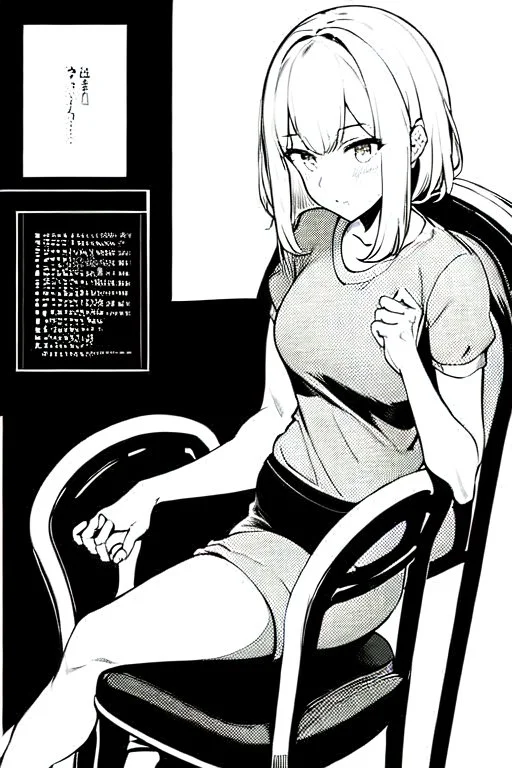 blonde girl speaks sitting on a chair, grayscale