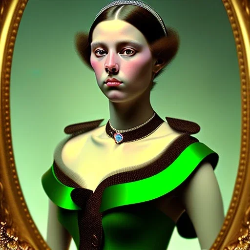 oil Portrait of a french beautiful busty voluptous long hair adult woman with emeralds collar green sad eyes looking to viewer by GRANT WOOD Ingres 8k