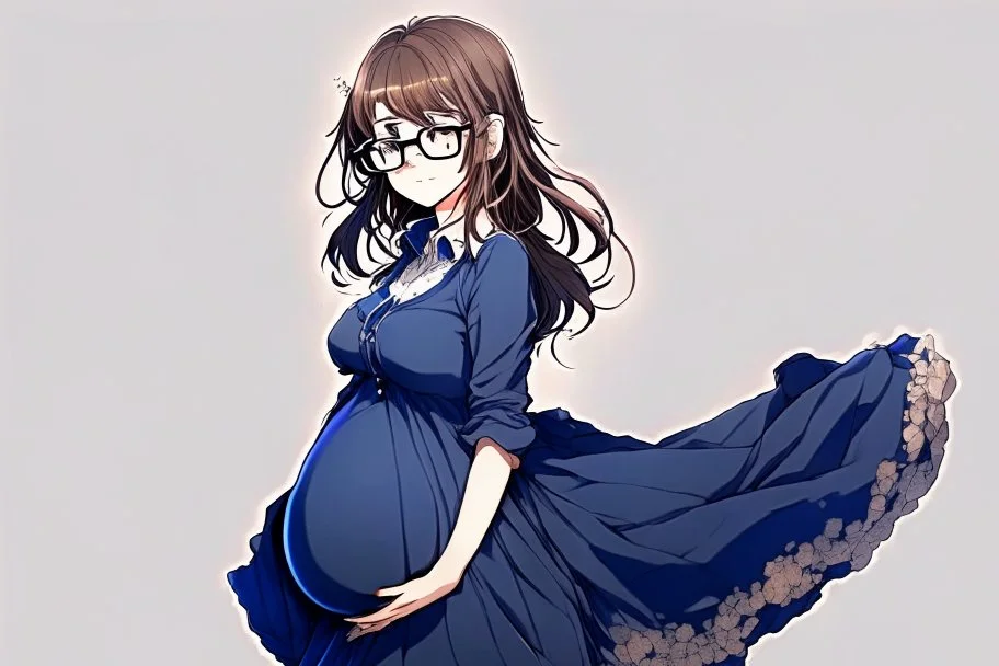 full body of a brown haired anime manga pregnant girl in dark blue dress with eyeglasses