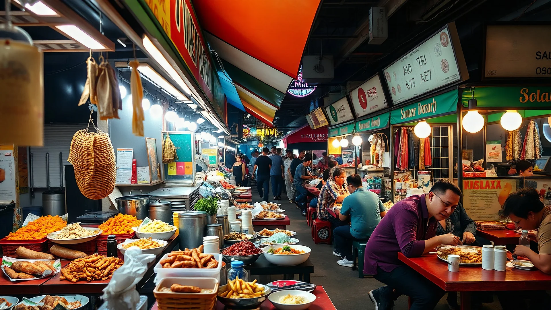 street food in Kuala Lumpur at night, eating stalls, eclectic mix of oriental food, people sitting eating at tables, atmosphere, award-winning colour photograph, beautiful composition, exquisite detail, Nikon 135mm