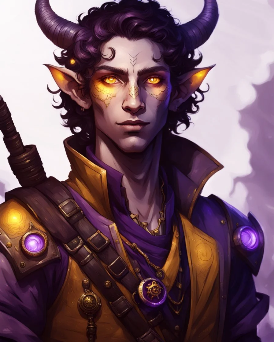 male humanoid tiefling, pirate, pale white skin, yellow eyes, purple lighting, small ears