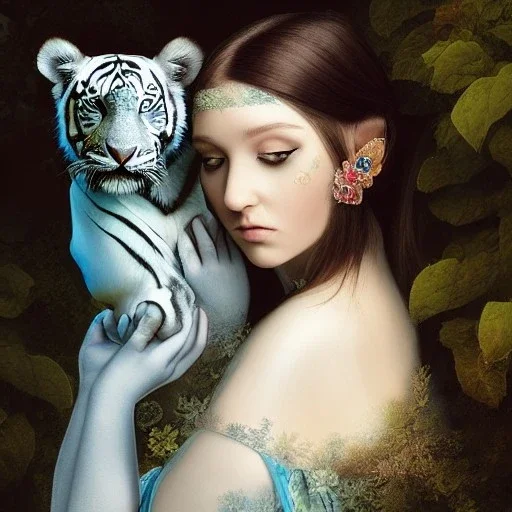 a beautiful sourceress,portrait, dressed in a transparent intricate blue dress, leaves in the hair,elf like ears, resting with a white tiger, high definition, high contrast