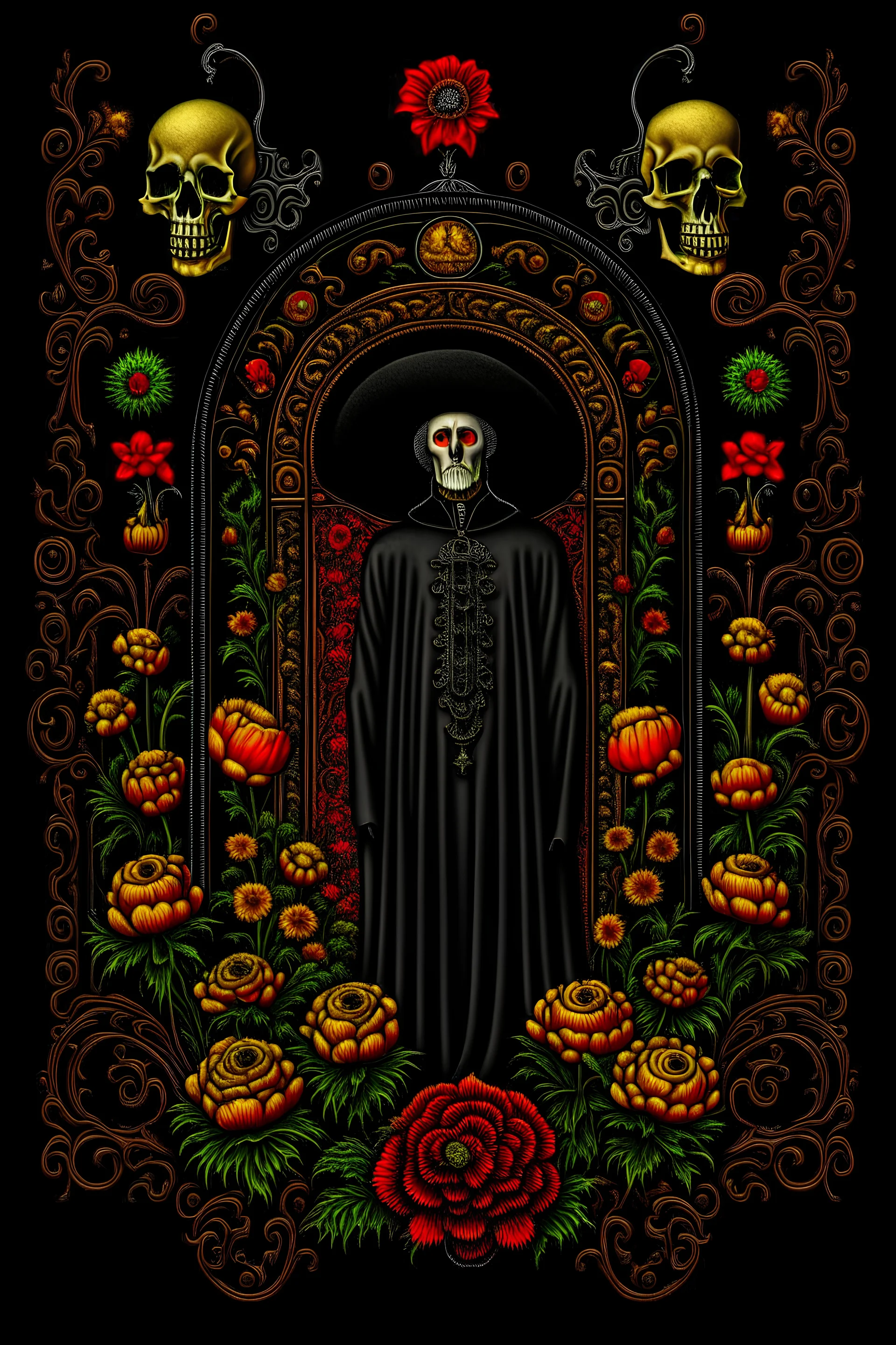 Jan Van Eyck Ornate Halloween Fantasy Art T-Shirt Design, Black Background