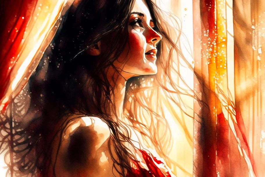 A beautiful brunette woman looks out from behind a red lace and silk curtain, holds the curtain with one hand and pulls it away in sunshine, watercolor and black ink outlines, sparkling golden glitter, ethereal, cinematic postprocessing, bokeh, dof