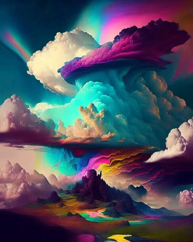 Phantasy landscape with dramatic cloud in multicolor