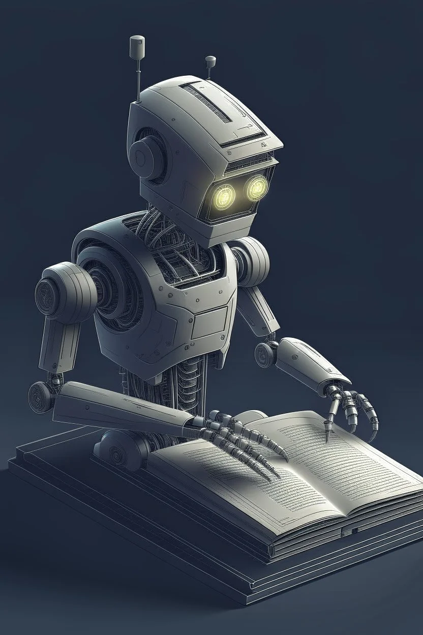 generate a front cover simplistic illustration representation of Ai metalic bot editing a book