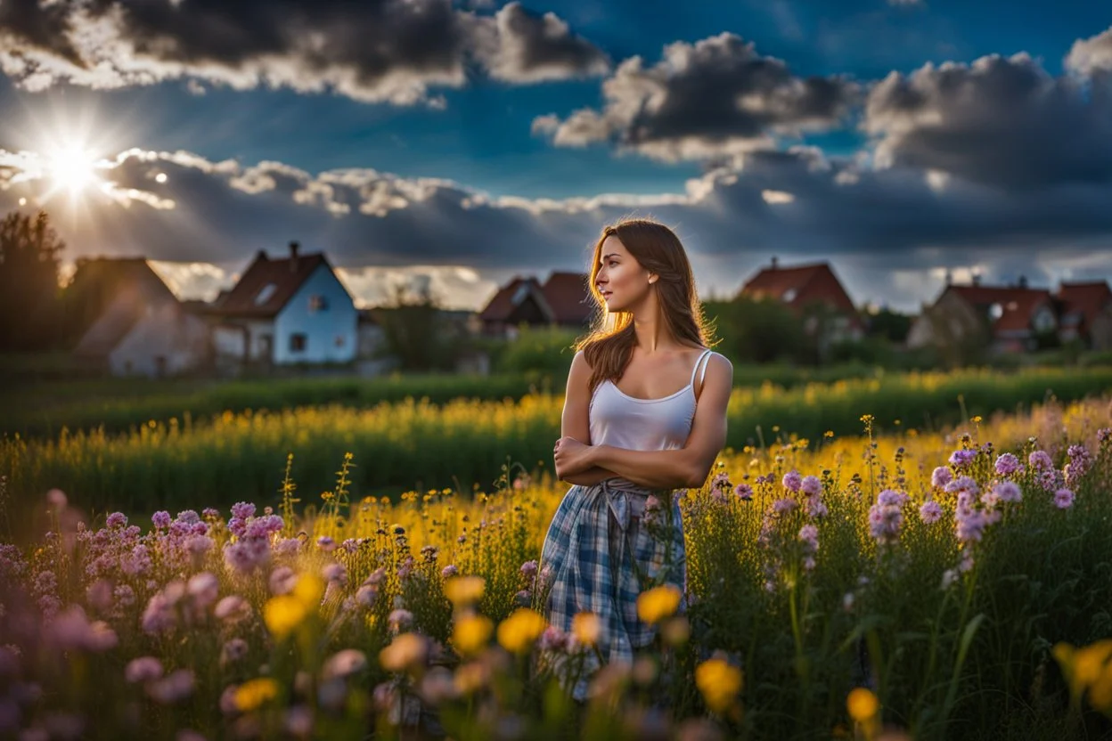 Young woman in flower field in country side ,river, houses,blue sky ,nice clouds,god rays