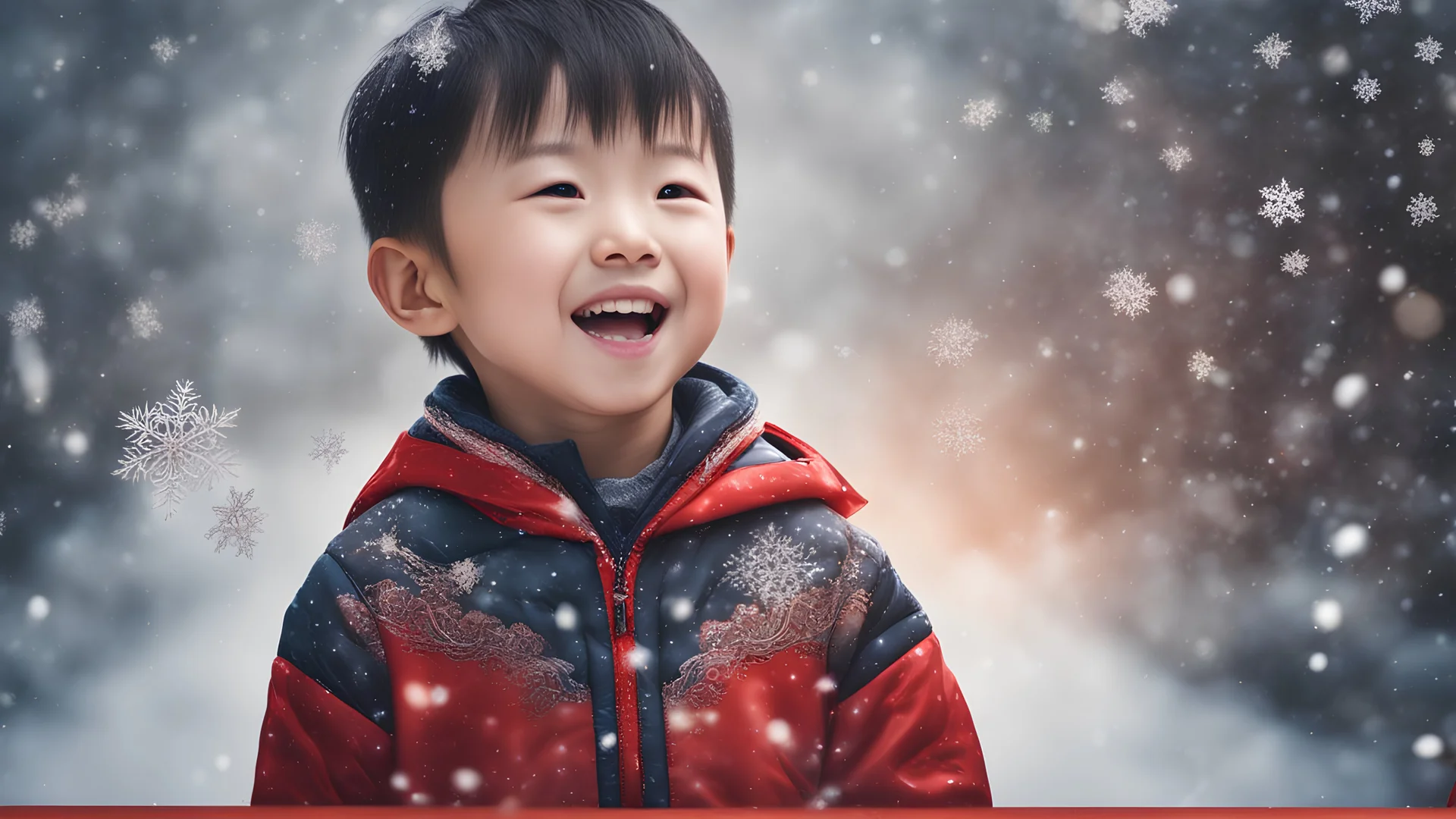 Magical Fantastic young happy Chinese child, Liquid Structure, Flying snowflakes, excitement, Splash, Portrait Photography, Fantasy Background, Intricate Patterns, Ultra Detailed, Luminous, Radiance, Ultra Realism, Complex Details, Intricate Details, 16k, HDR, High Quality, Trending On Artstation, Sharp Focus, Studio Photo, Intricate Details, Highly Detailed