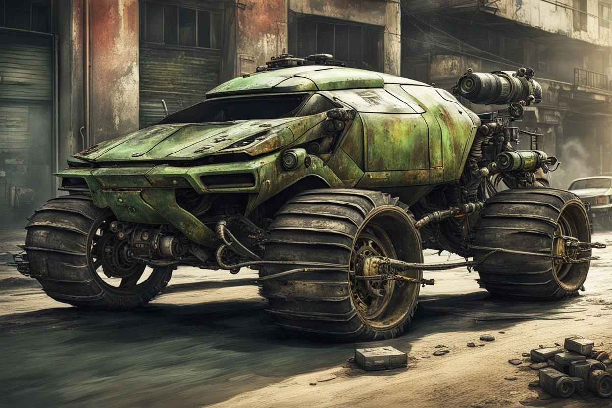 A car that's a hybrid between a organic scorpion and a mecanic tank, robotic, ready for battle, worn-out, with large rims and tires, fully mechanical, on a street in post-apocalyptic cities.