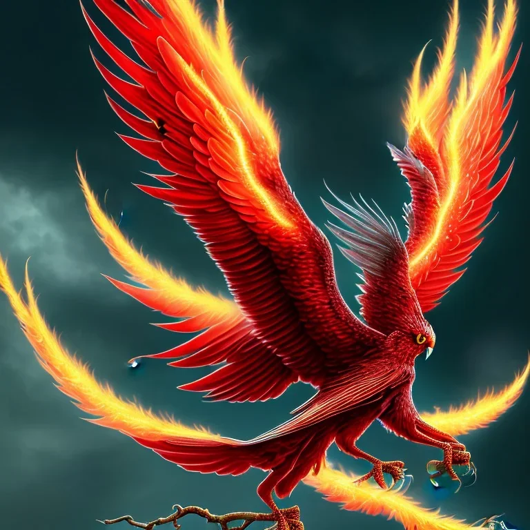 a detailed illustration of a black and red phoenix sitting on a branch of a tree, phoenix wallpaper, luminescent body, glinting wings, full body, symmetrical body, realistic, glowing wings, sharp focus, meticulously detailed, soft evening sky, 64k