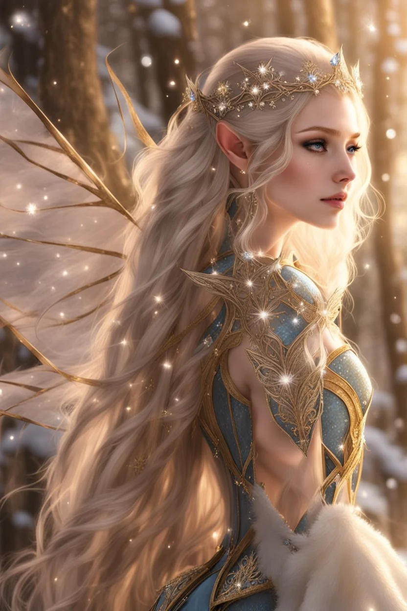 Elven princess,elven crown,long white blonde golden hair,rapunzel hair,ice flowers,beautiful,light blue,dark blue,golden armor,sparkle,glitter,ice flowers,snow,elven ears,dark fairy princess