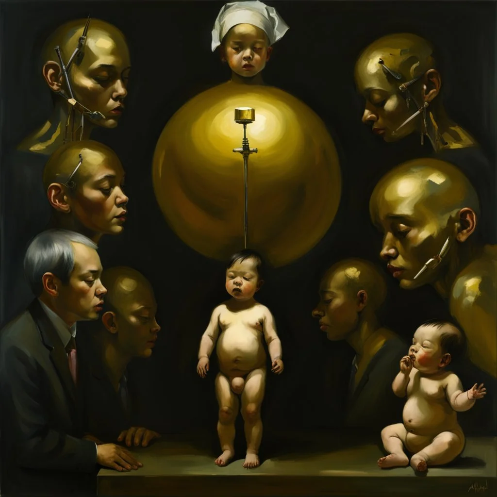 a huge golden brain supported by very small beautiful Asian female human bodies, complex surgical instruments mix a newborn boy between light and shadow, surrealism, symbolism, minimalism, sculpture by Adrian Ghenie, Lucian Freud, Rene Magritte, Salvador Dali