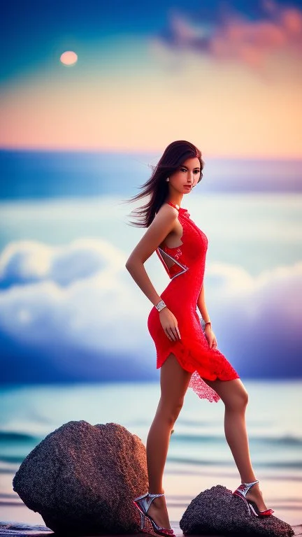 very nice real face beautiful sexy roman with make up at the beach leaning to a big rock,in a short lace red and silver dress, full body, 3D cloudy sky volumetric nice clouds 8k sharp focus,sunset,golden hour,medium shot