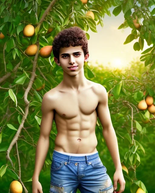 beautiful 12 year old arabic boy with long, curly hair and light blue eyes, smiling, shirtless, in front of a distant mango tree