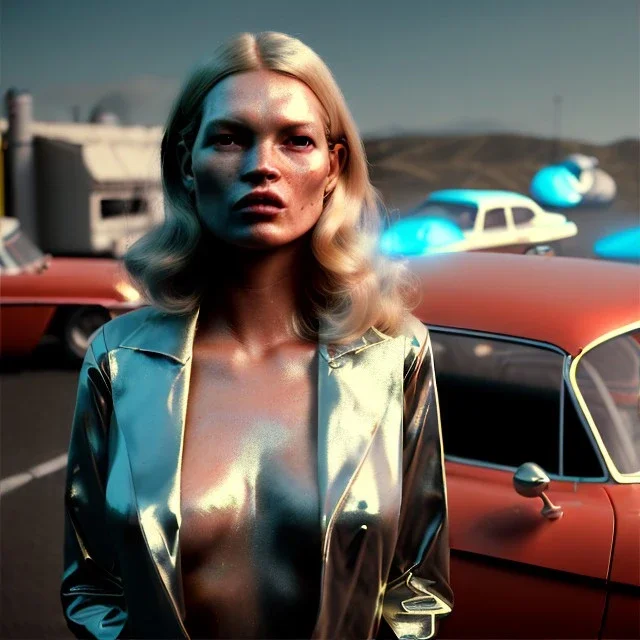 Ultra Realistic retro sci-fi, Supermarket parking scene, 1960 year, blonde woman, sweet young Kate moss face, x ray lights eyes, face makeup, tight latex coat, levitating cars, many panic people, Retro sci-fi style, soft color, highly detailed, unreal engine 5, ray tracing, RTX, lumen lighting, ultra detail, volumetric lighting, 3d, finely drawn, high definition, high resolution.