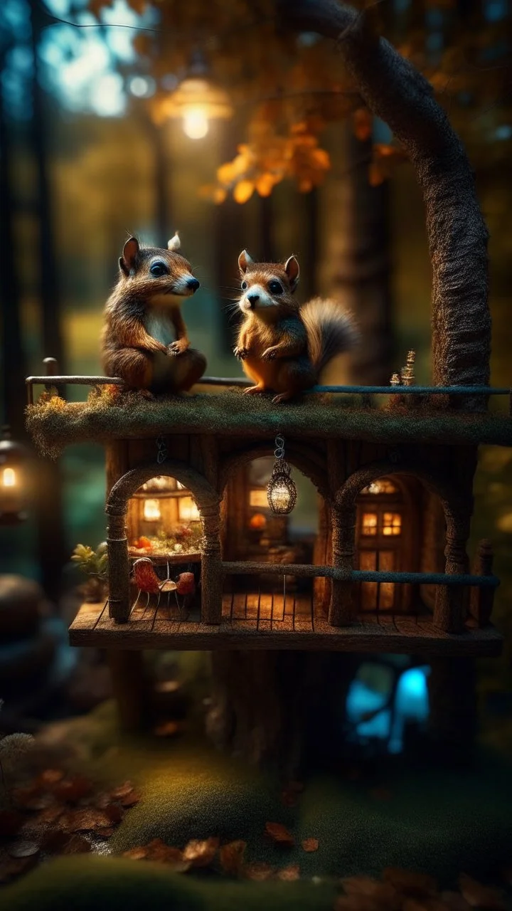 magazine cover with black border, portrait of sleepy dog bug squirrel couple in a tree house in wonderful enchanted magical forest by river,bokeh like f/0.8, tilt-shift lens 8k, high detail, smooth render, down-light, unreal engine, prize winning