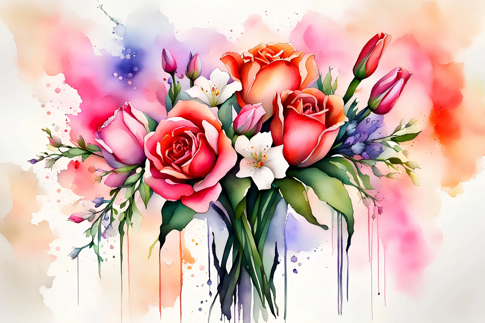 Generate a wet on wet vibrant color watercolor and ink of an image of a stunning bouquet of flowers, roses, Lillie’s, tulips, baby’s breath, painted in the style of Antoine Berjon. Include a 5-point black line frame outside of the image for added emphasis. Modifiers: bokeh elegant intricate very attractive dynamic lighting colourful matte background